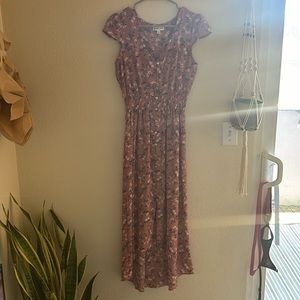 Super cute pink floral maxi dress with subtle high/low bottom